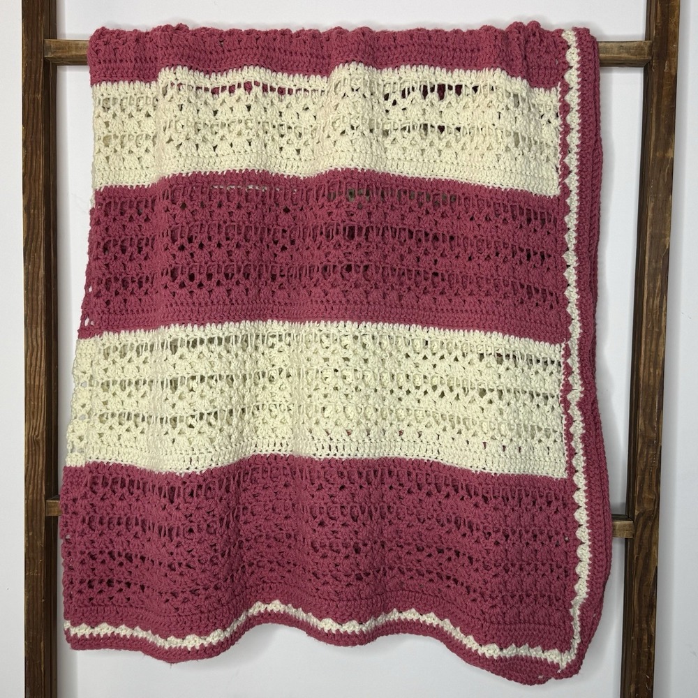 Handmade Crochet Throw Blanket Pink Cream Striped Scalloped Edge 69x64 Afghan